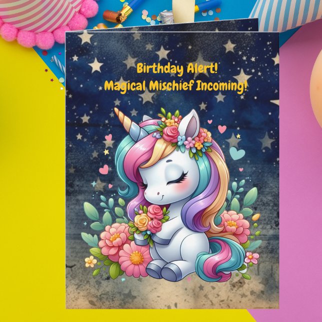 Cute Whimsical Floral Unicorn Girly Kids Birthday  Card (Creator Uploaded)