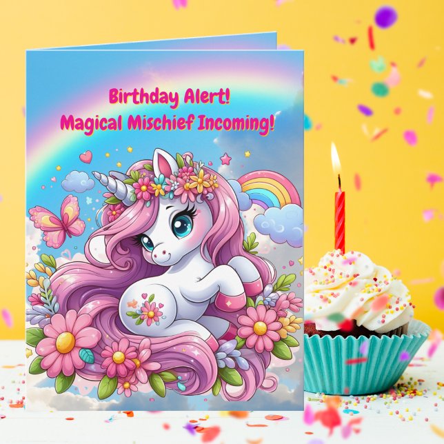 Cute Whimsical Floral Unicorn Girly Kids Birthday  Card (Creator Uploaded)