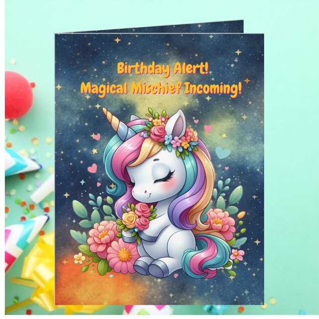Cute Whimsical Floral Unicorn Girly Kids Birthday  Card (Creator Uploaded)