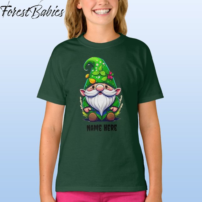 Cute Whimsical Flower Garden Gnome Cartoon Graphic T-Shirt (Gnome, Green Customizable ForestBabies T-shirt - Front)