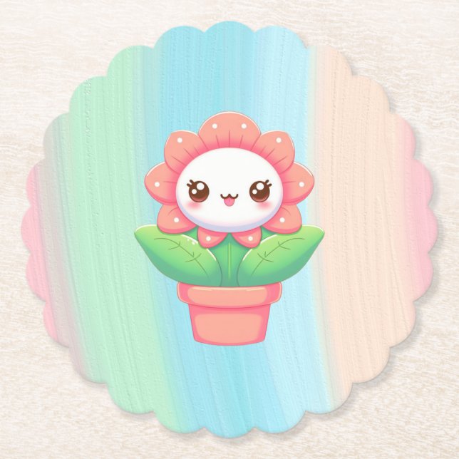 Cute, whimsical flower in pot paper coaster (Front)