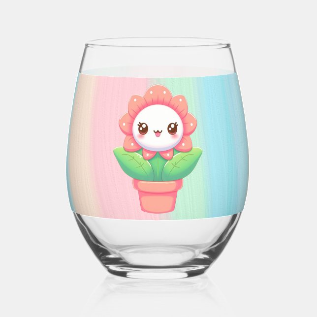 Cute, whimsical flower in pot stemless wine glass (Back)