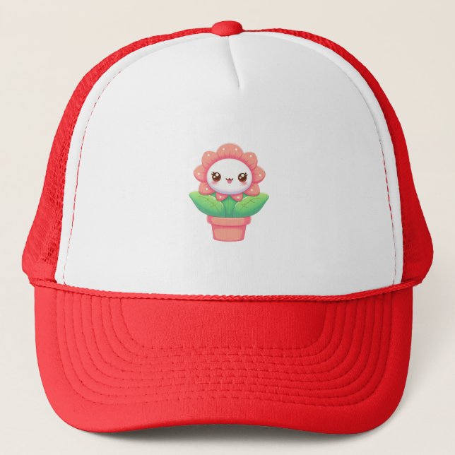 Cute, whimsical flower in pot trucker hat (Front)