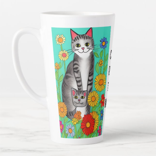 Cute Whimsical Folk Art Cat and Kitten Quote Latte Mug (Left)