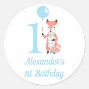 Cute Whimsical Fox & Balloon Blue 1st Birthday Classic Round Sticker