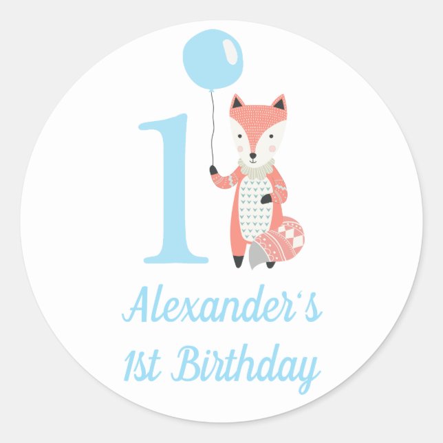Cute Whimsical Fox & Balloon Blue 1st Birthday Classic Round Sticker (Front)