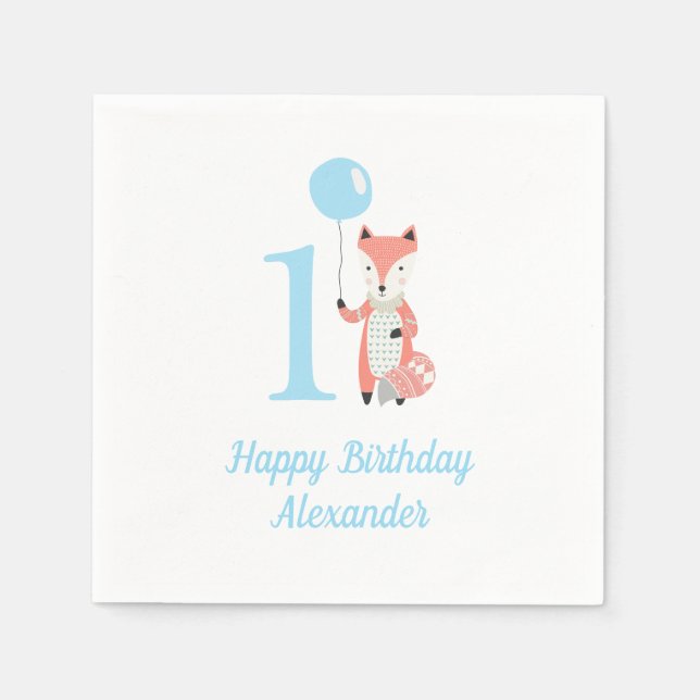 Cute Whimsical Fox & Balloon Blue 1st Birthday Napkin (Front)
