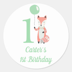 Cute Whimsical Fox & Balloon Green 1st Birthday Classic Round Sticker
