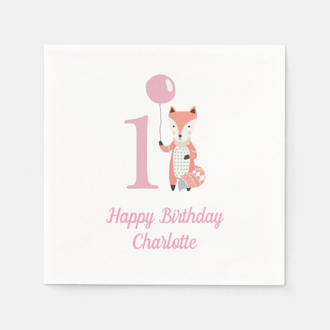 Cute Whimsical Fox & Balloon Pink 1st Birthday Napkin (Front)