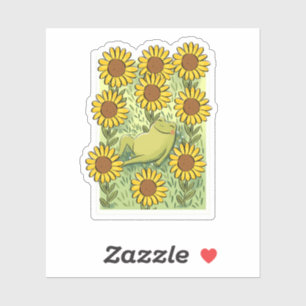 Cute Whimsical Frog And Sunflowers Illustration