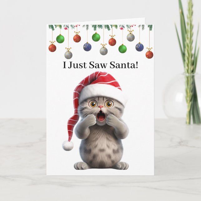 Cute Whimsical Funny Cat Christmas Greeting Card (Front)