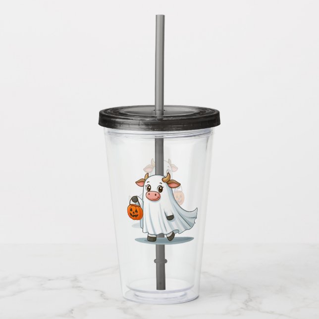 Cute, whimsical, ghost cow acrylic tumbler (Front)