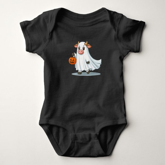 Cute, whimsical, ghost cow baby bodysuit (Front)