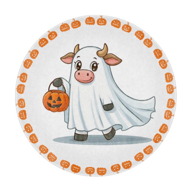 Cute, whimsical, ghost cow cutting board (Front)