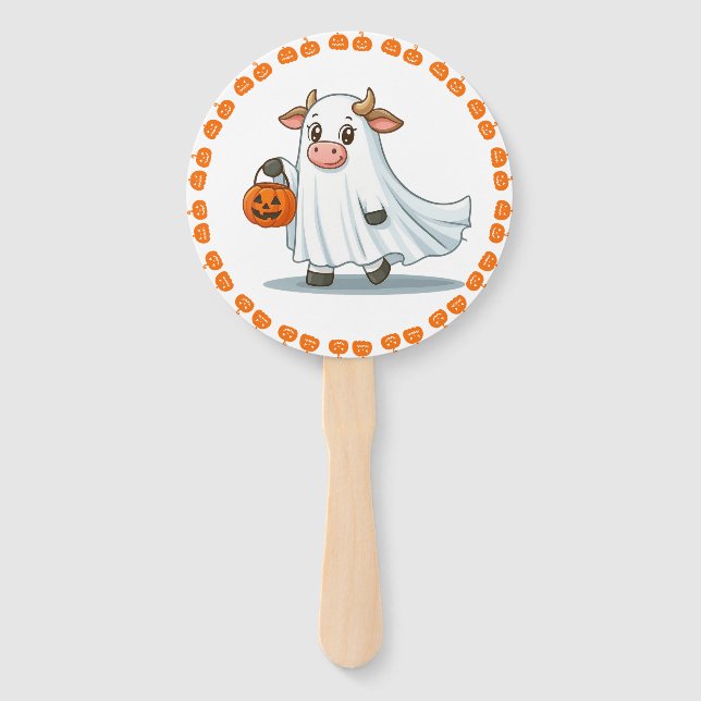 Cute, whimsical, ghost cow hand fan (Front)