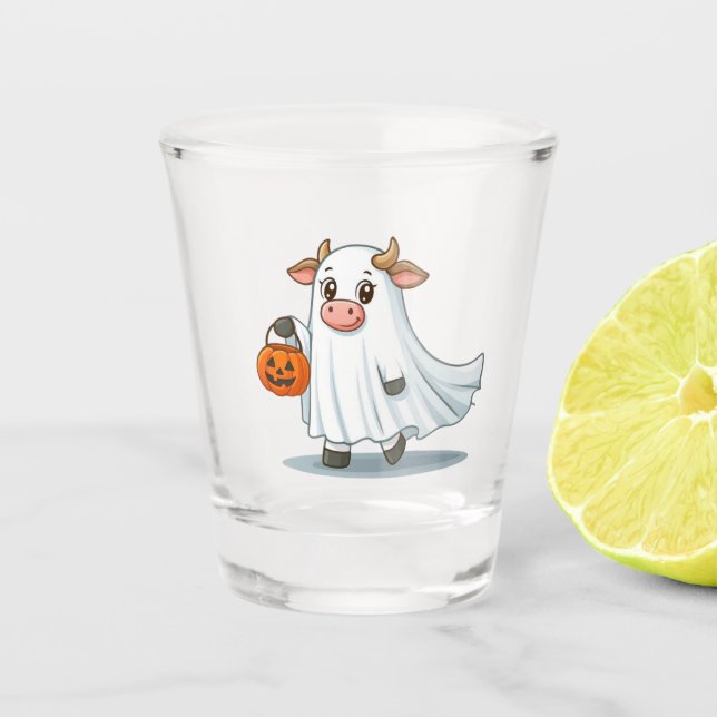 Cute, whimsical, ghost cow shot glass (Front)