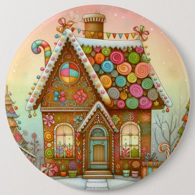 Cute, whimsical gingerbread house 6 cm round badge (Front)