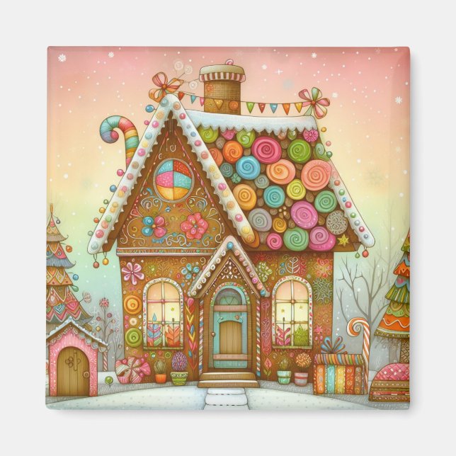 Cute, whimsical gingerbread house magnet (Front)
