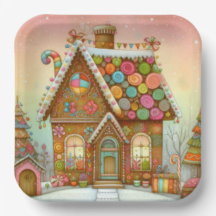 Cute, whimsical gingerbread house paper plate