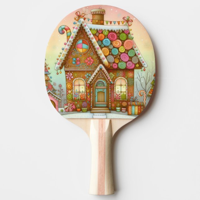 Cute, whimsical gingerbread house ping pong paddle (Front)