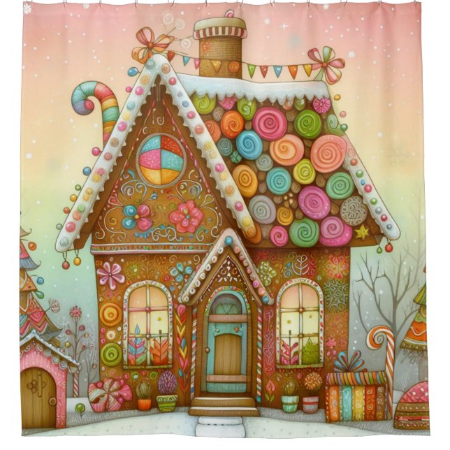 Cute, whimsical gingerbread house shower curtain (Front)