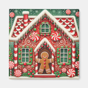 Cute, whimsical gingerbread man & house magnet