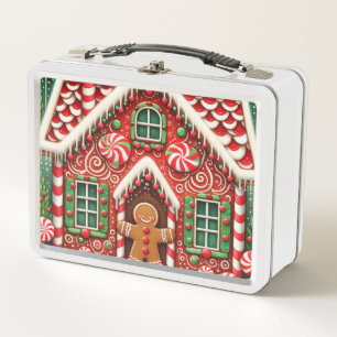 Cute, whimsical gingerbread man & house metal lunch box
