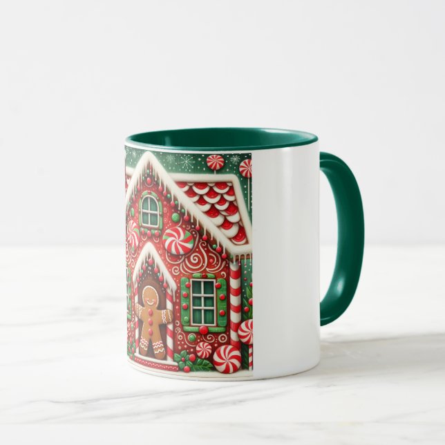 Cute, whimsical gingerbread man & house mug (Front Right)