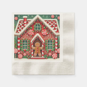 Cute, whimsical gingerbread man & house napkin