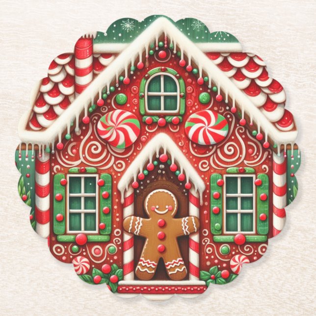 Cute, whimsical gingerbread man & house paper coaster (Front)