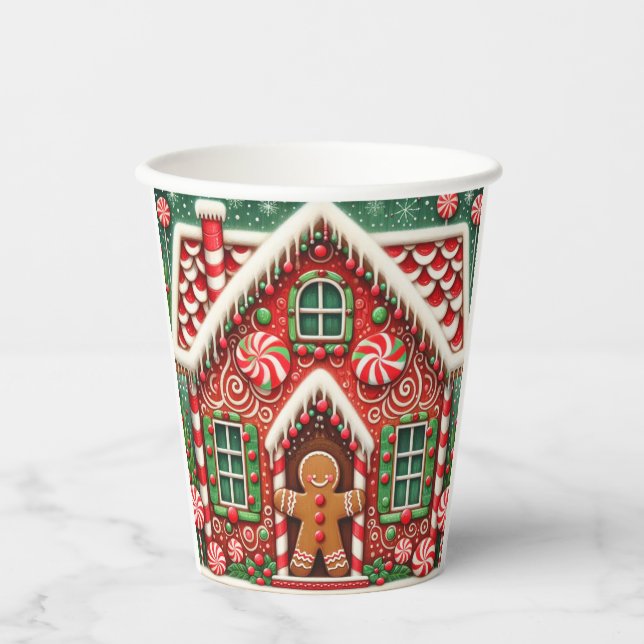 Cute, whimsical gingerbread man & house paper cups (Front)