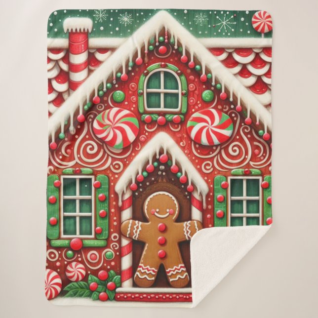 Cute, whimsical gingerbread man & house sherpa blanket (Front)