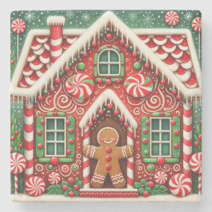 Cute, whimsical gingerbread man & house stone coaster