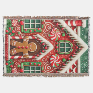 Cute, whimsical gingerbread man & house throw blanket