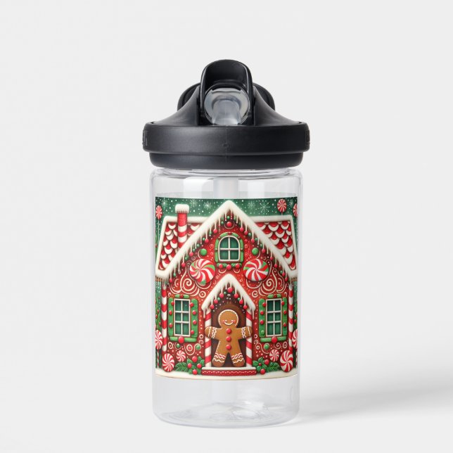 Cute, whimsical gingerbread man & house water bottle (Front)