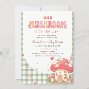 Cute Whimsical Gingham Pink Mushroom Baby Shower Invitation