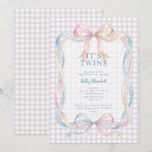 Cute Whimsical Gingham Twins Baby Shower LPM26 Invitation