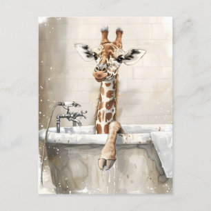 Cute whimsical giraffe in a bath postcard