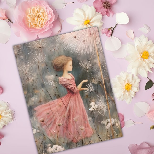 Cute Whimsical Girl in a field of dandelions  Postcard (Whimsical Pink Girl amidst Dandelion Delight - A Charming Postcard!)