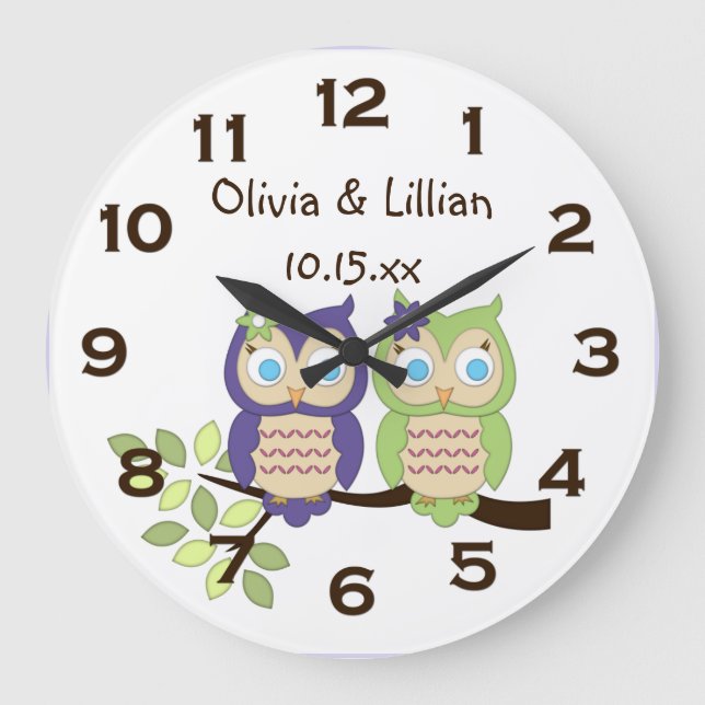 Cute Whimsical Girl Owl Twins Wall Clock (Front)