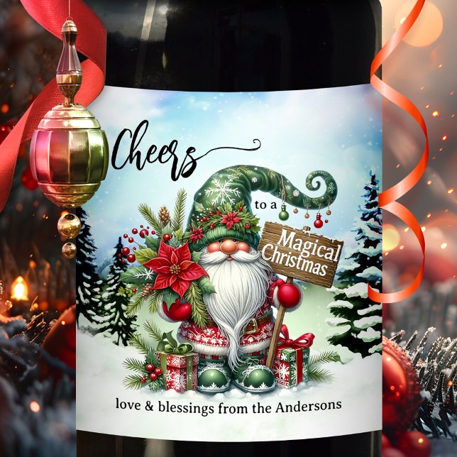 Cute Whimsical Gnome Magical Christmas Wine Label (A funny Christmas wine label featuring a cute gnome highlighting the magical time of the year)