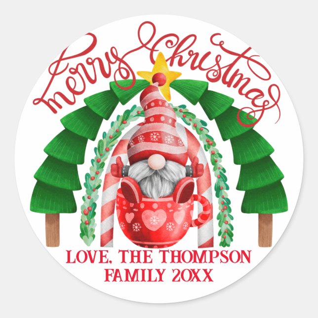 Cute Whimsical Gnome Merry Christmas Tree Rainbow Classic Round Sticker (Front)
