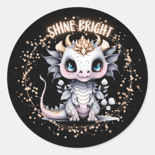 Cute Whimsical Golden "Shine Bright" Little Dragon Classic Round Sticker