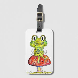 Cute Whimsical Green Frog on Toadstool Luggage Tag