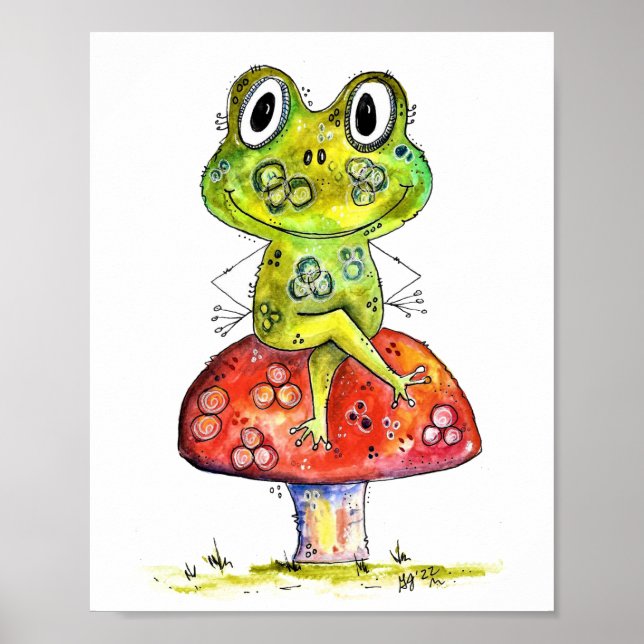 Cute Whimsical Green Frog on Toadstool Poster (Front)