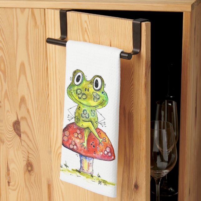 Cute Whimsical Green Frog on Toadstool Tea Towel (Thirds Fold)