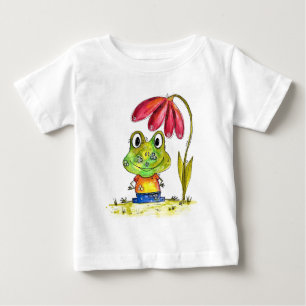 Cute Whimsical Green Frog Under a Red Flower Baby T-Shirt