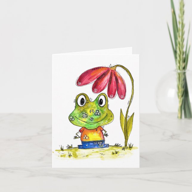 Cute Whimsical Green Frog Under a Red Flower Card (Front)