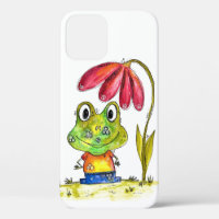 Cute Whimsical Green Frog Under a Red Flower