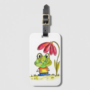 Cute Whimsical Green Frog Under a Red Flower Luggage Tag